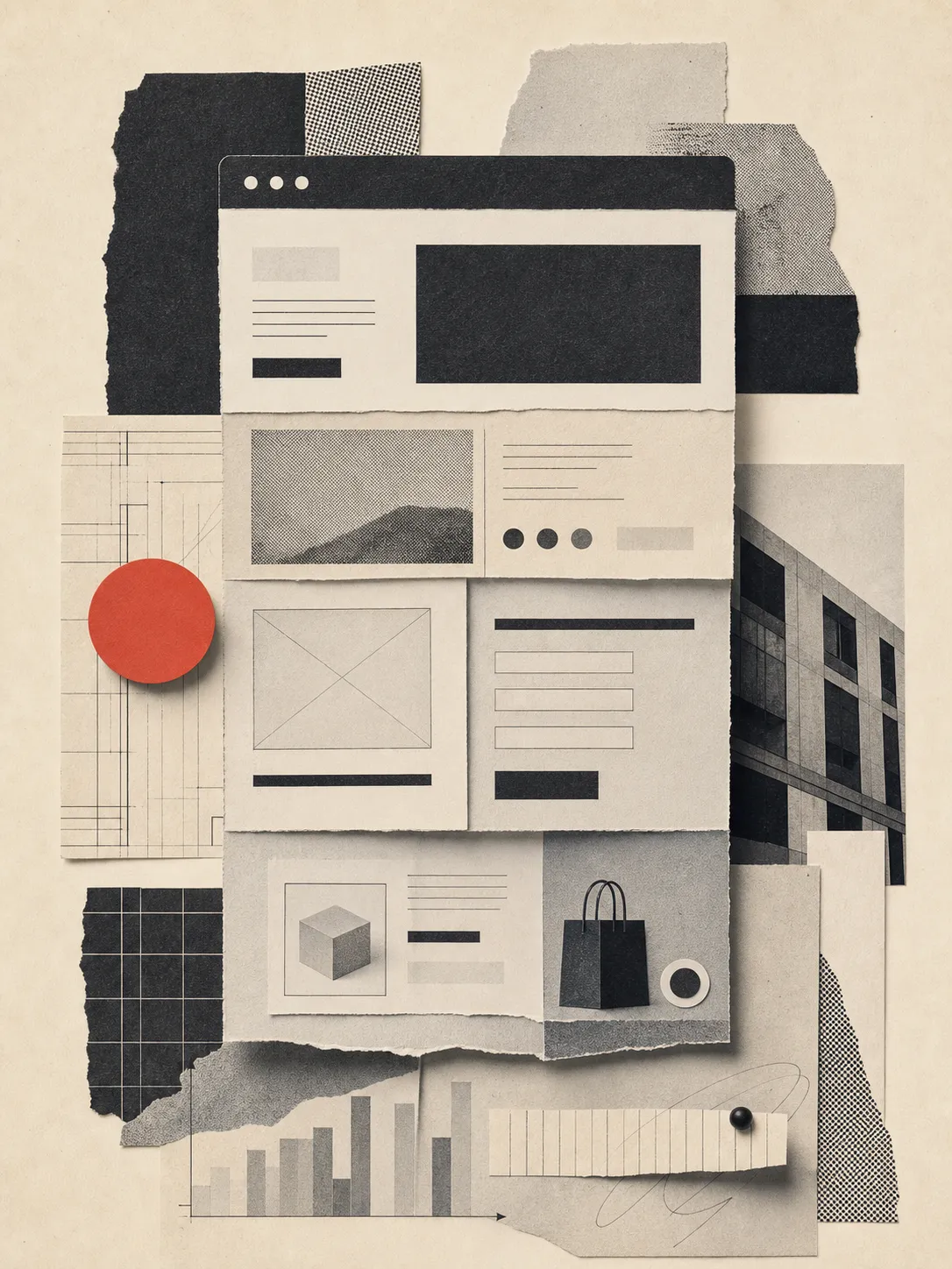 Editorial collage representing a conversion audit and website friction map