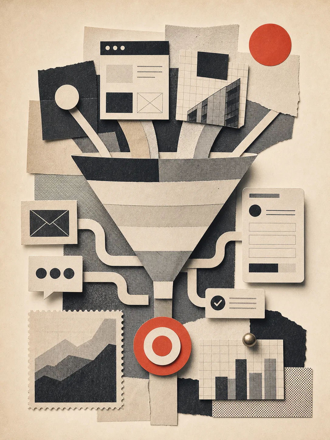 Editorial collage representing product UX, UI flows and reusable interface systems
